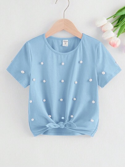 SHEIN Tween Girl Solid Color Casual Round Neck Short Sleeve T-Shirt With Pearl Decor And Knot Detail