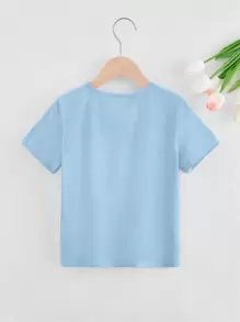 SHEIN Tween Girl Solid Color Casual Round Neck Short Sleeve T-Shirt With Pearl Decor And Knot Detail - Baby Blue - View 2