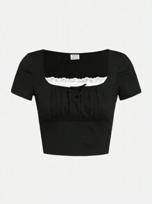 SHEIN Teen Girls Contrast Lace Ruched Bust Tee - Black - View 1