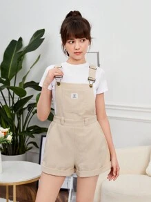 SHEIN 青少年女孩字母補丁細節背帶連體短褲不帶T恤 - 杏色 - 查看 1