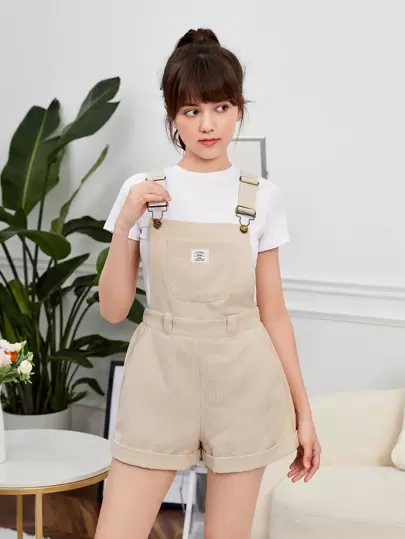 SHEIN 青少年女孩字母補丁細節背帶連體短褲不帶T恤