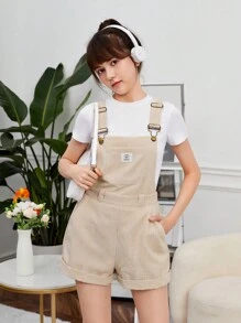 SHEIN 青少年女孩字母補丁細節背帶連體短褲不帶T恤 - 杏色 - 查看 3