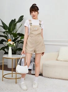 SHEIN 青少年女孩字母補丁細節背帶連體短褲不帶T恤 - 杏色 - 查看 6