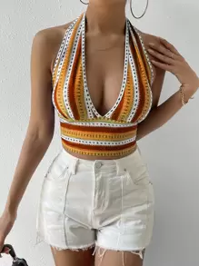 SHEIN WYWH 條紋印花露背掛脖上衣 - 橘色 - 查看 1