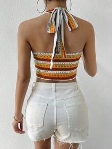 SHEIN WYWH 條紋印花露背掛脖上衣 - 橘色 - 查看 2