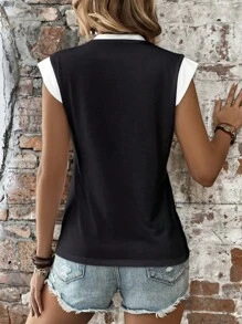 SHEIN LUNE 对比色边饰 T 恤 图案 T 恤 女式上衣 - 黑色 - 查看 2