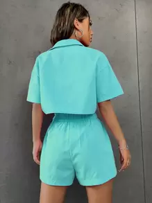SHEIN Unity Solid Button Front Crop Blouse & Paperbag Waist Shorts - Mint Blue - View 2