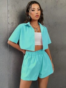 SHEIN Unity Solid Button Front Crop Blouse & Paperbag Waist Shorts - Mint Blue - View 3