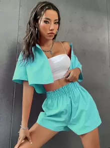 SHEIN Unity Solid Button Front Crop Blouse & Paperbag Waist Shorts - Mint Blue - View 6