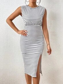 SHEIN Privé 條紋印花高衩連衣裙 - 白色 - 查看 5