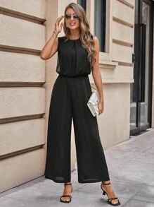 SHEIN LUNE Áo liền quần nữ Nút màu trơn Thanh lịch - màu đen - Xem 4