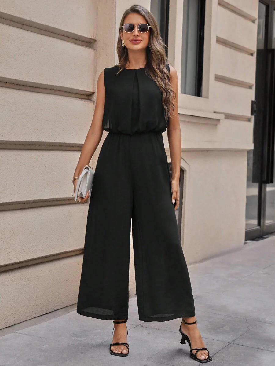 SHEIN LUNE Áo liền quần nữ Nút màu trơn Thanh lịch - màu đen - Xem 1