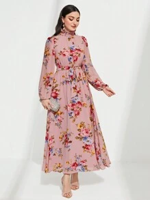 Modelyn Floral Print Frill Neck Belted Dress - Dusty Pink - View 1