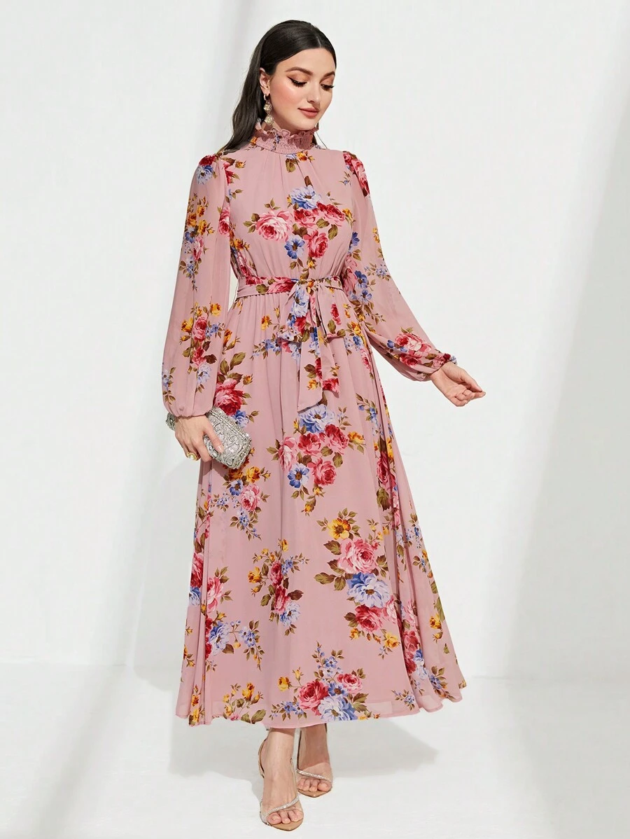 Modelyn Floral Print Frill Neck Belted Dress - Dusty Pink - View 1