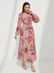 Modelyn Floral Print Frill Neck Belted Dress - Dusty Pink - View 3