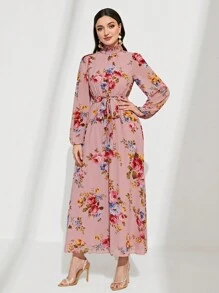 Modelyn Floral Print Frill Neck Belted Dress - Dusty Pink - View 4