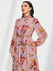 Modelyn Floral Print Frill Neck Belted Dress - Dusty Pink - View 5