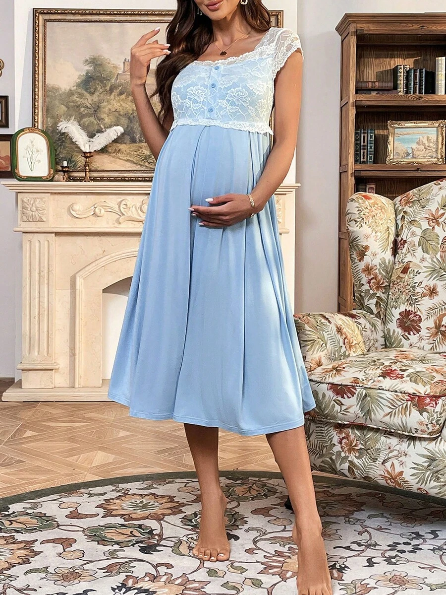 SHEIN Váy Bà bầu Tương phản ren Khối Màu Thanh lịch - Màu xanh nhạt - Xem 1