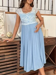 SHEIN Váy Bà bầu Tương phản ren Khối Màu Thanh lịch - Màu xanh nhạt - Xem 3