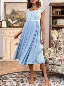 SHEIN Váy Bà bầu Tương phản ren Khối Màu Thanh lịch - Màu xanh nhạt - Xem 4