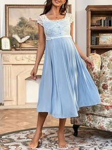 SHEIN Váy Bà bầu Tương phản ren Khối Màu Thanh lịch - Màu xanh nhạt - Xem 6