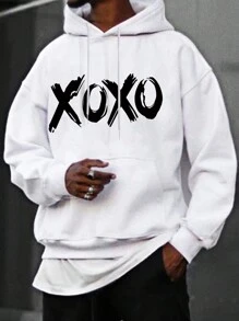 Manfinity Homme 男士寬鬆連帽衫,印有字母圖案,袋鼠口袋和束口設計 - 白色 - 查看 3