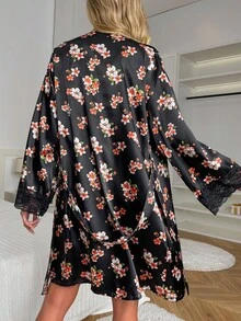 Floral Print Contrast Lace Belted Satin Robe - Black - View 2