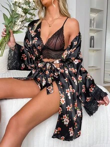Floral Print Contrast Lace Belted Satin Robe - Black - View 4