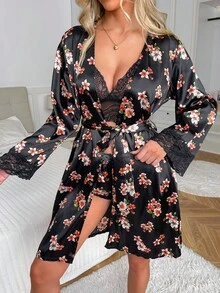 Floral Print Contrast Lace Belted Satin Robe - Black - View 3