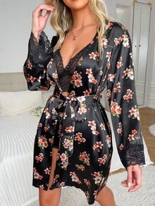 Floral Print Contrast Lace Belted Satin Robe - Black - View 5