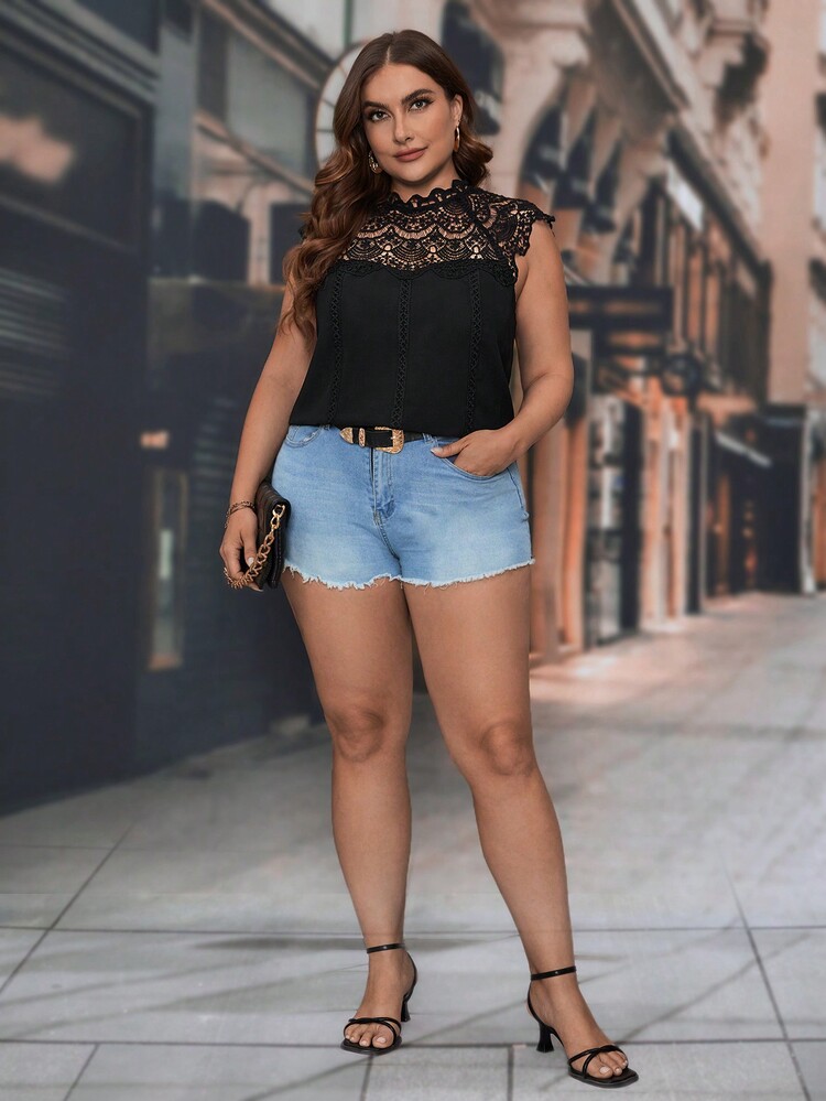 SHEIN Clasi 大碼水溶蕾絲拼接襯衫 - 黑色 - 查看 4