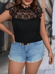 SHEIN Clasi 大碼水溶蕾絲拼接襯衫 - 黑色 - 查看 6