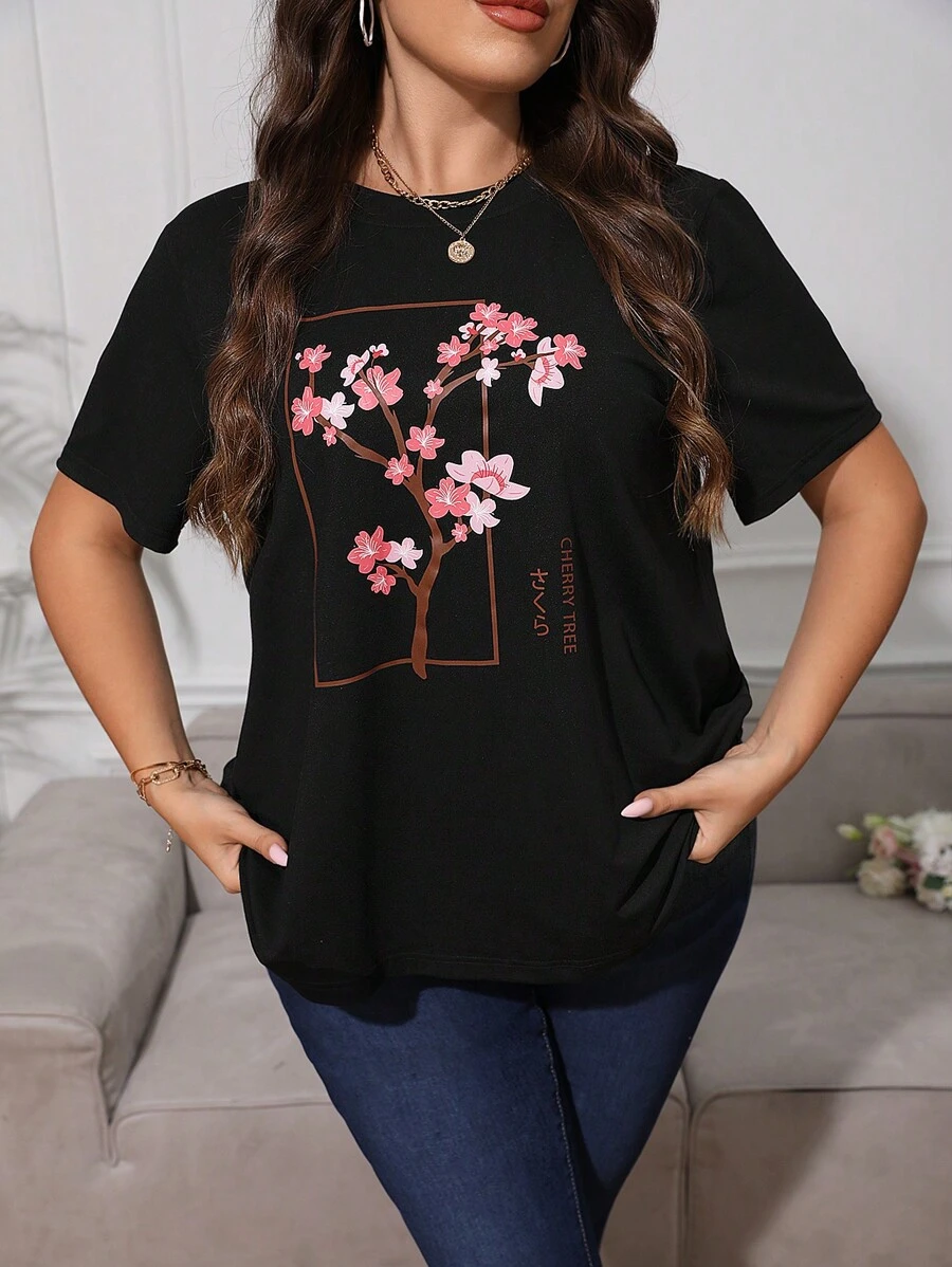 SHEIN Unity 大碼花卉圖案和日文字元圖案T恤 - 黑色 - 查看 1