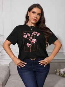 SHEIN Unity 大碼花卉圖案和日文字元圖案T恤 - 黑色 - 查看 3