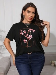 SHEIN Unity 大碼花卉圖案和日文字元圖案T恤 - 黑色 - 查看 4