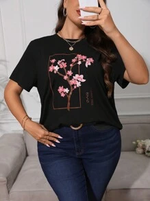 SHEIN Unity 大碼花卉圖案和日文字元圖案T恤 - 黑色 - 查看 5