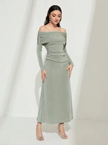 Modelyn 一字肩折邊褶邊連衣裙 - 薄荷綠 - 查看 4