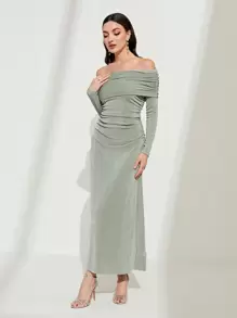 Modelyn 一字肩折邊褶邊連衣裙 - 薄荷綠 - 查看 5