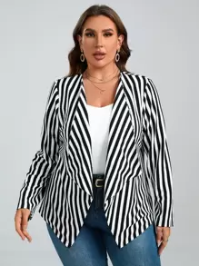 SHEIN Clasi 大碼條紋印花開門襟外套 - 黑與白 - 查看 1