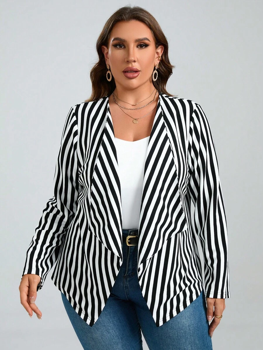 SHEIN Clasi 大碼條紋印花開門襟外套 - 黑與白 - 查看 1