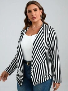 SHEIN Clasi 大碼條紋印花開門襟外套 - 黑與白 - 查看 3