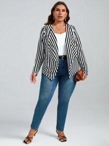 SHEIN Clasi 大碼條紋印花開門襟外套 - 黑與白 - 查看 4