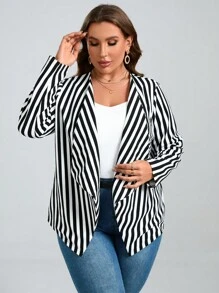 SHEIN Clasi 大碼條紋印花開門襟外套 - 黑與白 - 查看 5