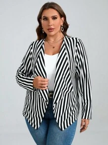 SHEIN Clasi 大碼條紋印花開門襟外套 - 黑與白 - 查看 6