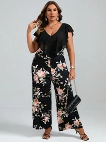 Chikora 夏季加大花卉印花荷叶边饰边阔腿连体裤 - 彩色 - 查看 1