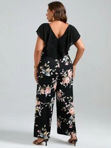 Chikora 夏季加大花卉印花荷叶边饰边阔腿连体裤 - 彩色 - 查看 2