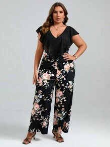 Chikora 夏季加大花卉印花荷叶边饰边阔腿连体裤 - 彩色 - 查看 3