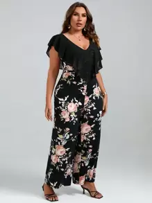 Chikora 夏季加大花卉印花荷叶边饰边阔腿连体裤 - 彩色 - 查看 5