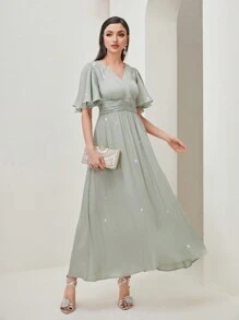 Modelyn Butterfly Sleeve Ruched Waist A-line Dress - Mint Green - View 3