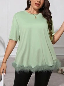 SHEIN Unity Áo thun Plus size Tương phản lông thú giả màu trơn Giải trí - Màu xanh Bạc hà - Xem 1